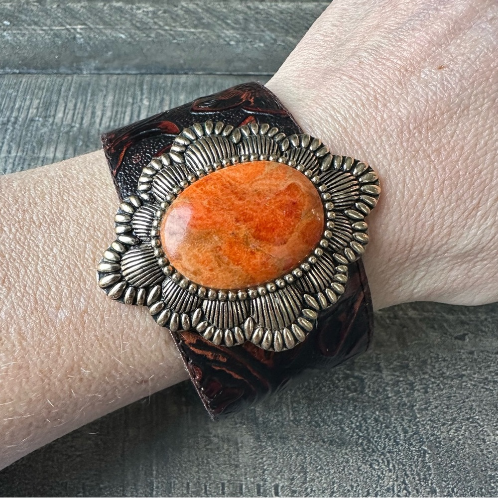 Vintage Barse Tooled Leather and Agate Cuff Bracelet